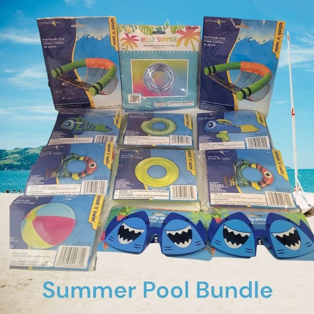 Spring Summer Pool Bundle - Swim Rings, Inflatable Fish, Chair, Ball, Sunglasses